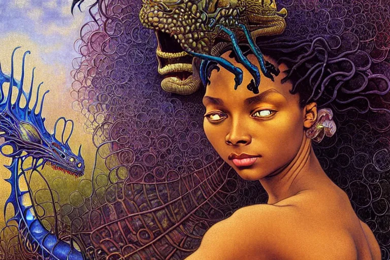 Image similar to realistic extremely detailed closeup portrait painting of a beautiful black woman, mutant dragon and a single old house on background by Jean Delville, Amano, Yves Tanguy, Alphonse Mucha, Ernst Haeckel, Edward Robert Hughes, Roger Dean, rich moody colours