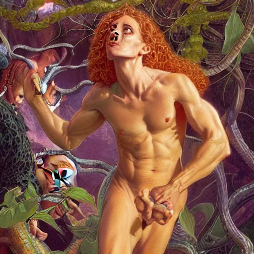 Image similar to Close-up of God being angry in the Garden of Eden. Adam and Eve look very guilty and the snake is leaving the scene quietly - elegant, highly detailed, centered, digital painting, artstation, concept art, artgerm, donato giancola, Joseph Christian Leyendecker, WLOP, Boris Vallejo, Artgerm