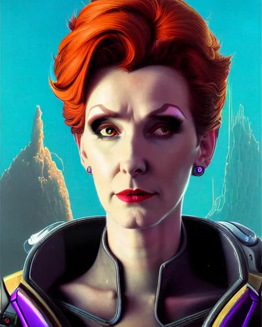 Image similar to moira from overwatch, character portrait, portrait, close up, concept art, intricate details, highly detailed, vintage sci - fi poster, in the style of chris foss, rodger dean, moebius, michael whelan, and gustave dore