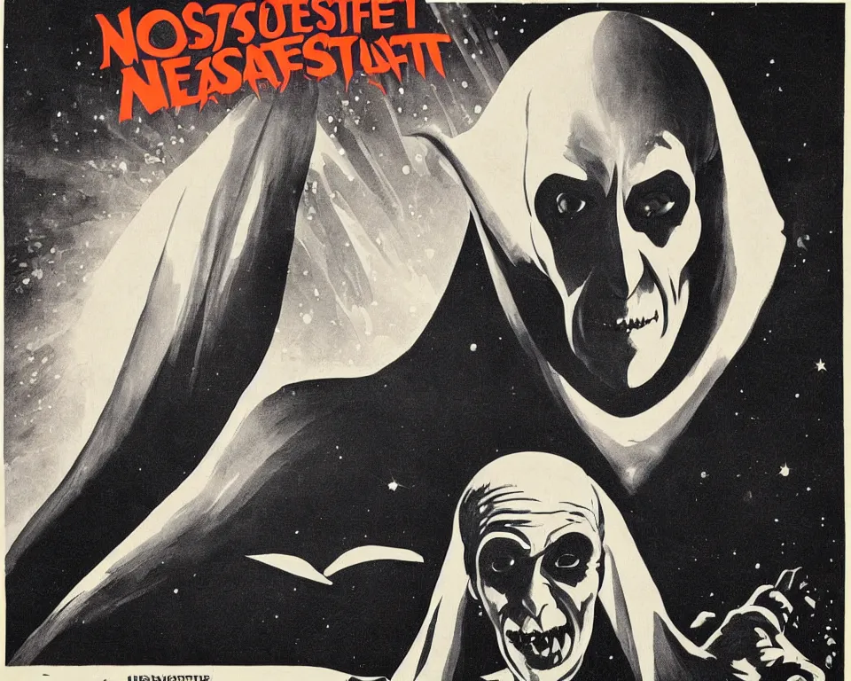 Image similar to a vintage horror movie poster featuring Nosferatu in space