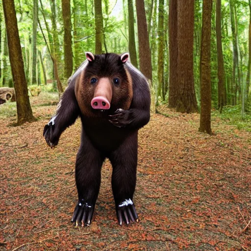 Image similar to a man who is half man, half bear, half pig standing on hind legs in the woods