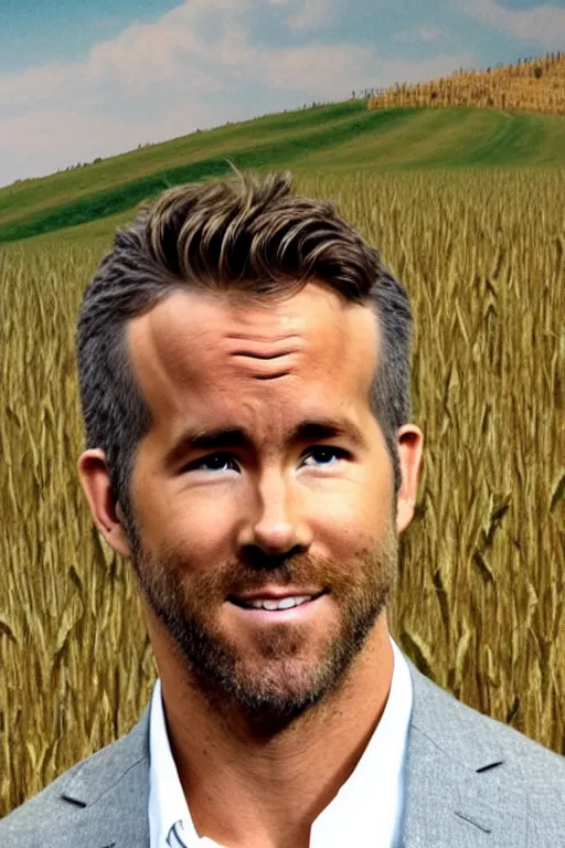 Image similar to ryan reynolds with hair of wheat field, photorealistic