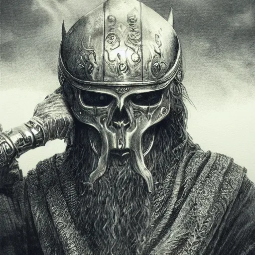 Image similar to viking king wearing a skull mask, engraving, concept art, elden ring, illustration, smooth, sharp focus, by gustave dore and greg rutkowski