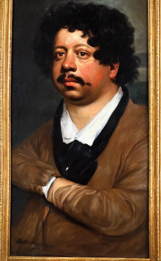 Image similar to Portrait of Alexandre Dumas, oil on canvas, highly detailed, by Delacroix, 8k