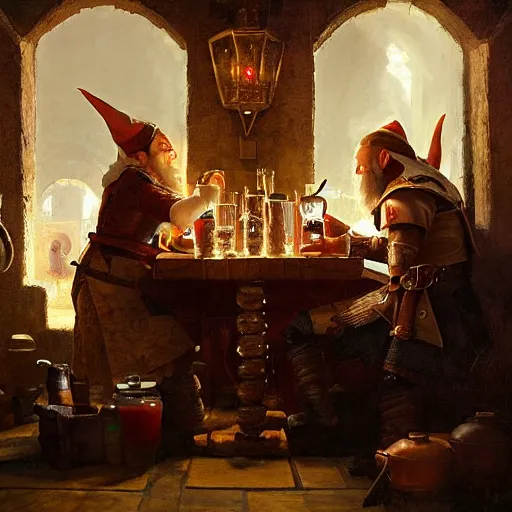 Image similar to An elf ranger and a dwarf berserker having drinks together in a tavern, baroque, oil on canvas, by Greg Rutkowski