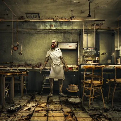 Image similar to kitchen - chef angry rotting zombie, detailled portrait, dilapidated restaurant interior, feeling of grimdark horror, daytime, high contrast, ultra intricate detailed, octane render, unreal engine