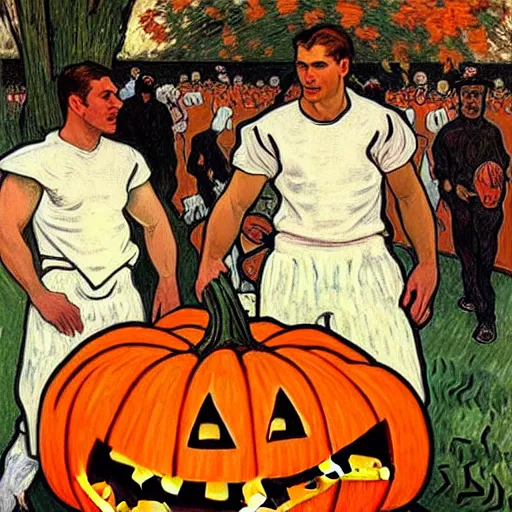 Image similar to painting of arkansas razorbacks players at the halloween jack o'lantern party, elegant, clear, painting, stylized, delicate, soft facial features, art, art by alphonse mucha, vincent van gogh, egon schiele