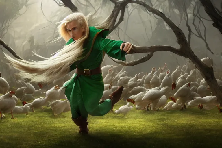 Image similar to a blonde male elf wearing a green tunic running away in terror from a huge flock of furious white chickens , made by Stanley Artgerm Lau, WLOP, Rossdraws, ArtStation, CGSociety, concept art, cgsociety, octane render, trending on artstation, artstationHD, artstationHQ, unreal engine, 4k, 8k,