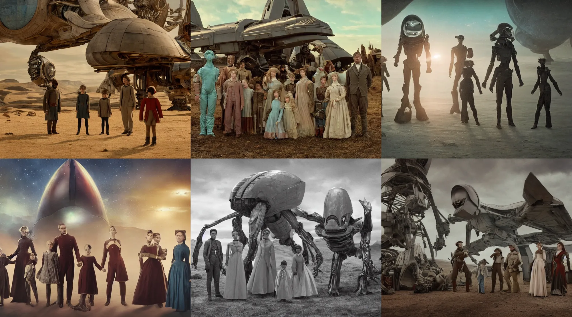 Prompt: sharp, 4k film still from a sci fi blockbuster color movie made in 2022, set in 1860, of a family standing in front of a spaceship that has just landed on an alien planet, a humanoid alien creature stands nearby, the family are all wearing 1850s era clothes, cinematic lighting, cinematic camera, in focus, extremely good quality lighting, good quality photography, A list cast, famous actors, famous actresses, oscar winner