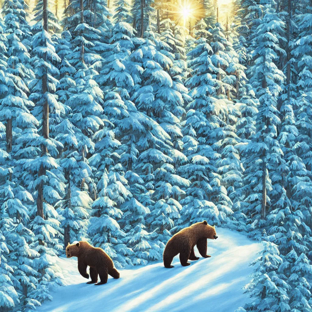 Image similar to a bear skiing down hill through a forest. the bear is a cute humanoid fluffy cub, light rays are shining through the trees above, beautiful light. trending on artstation 4 k award in winning artwork. vivid colors. detailed painting. kids book illustration.