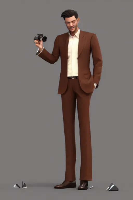 Prompt: a rich daddy, 3 2 years old, wear brown suits, stubble, cramel hair, character concept art, octane render, trending by artstation, artbreeder