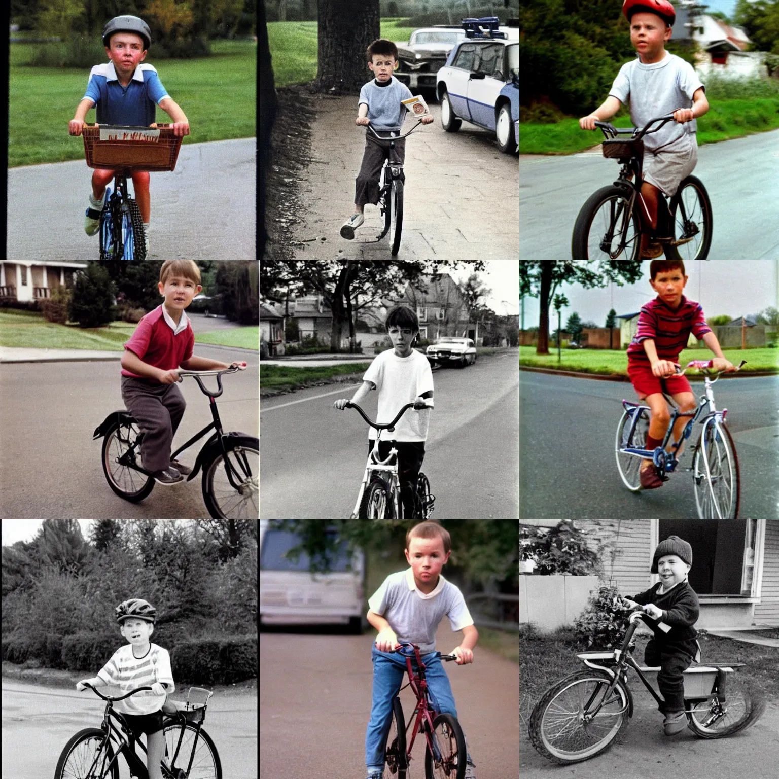 Prompt: karl pilkington as a boy on his bike delivering newspapers, color, 1 9 8 7