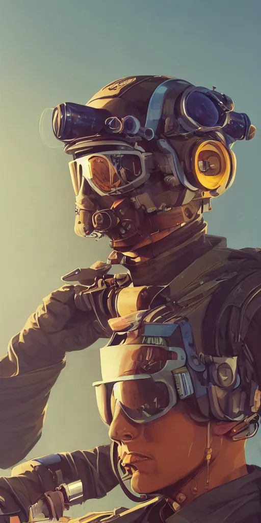 Image similar to wide view, diesel punk retro - futurist pilot, wearing a cyberpunk leather pilots uniform, transparent, behance hd artstation, by jesper ejsing by rhads, makoto shinkai and lois van baarle, ilya kuvshinov, rossdraws, cinematic lighting, sharp focus