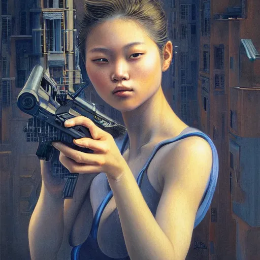 Image similar to a ultradetailed beautiful painting of a girl holding a gun on rio de janeiro by cheng hsiao - ron, ngai victo, jean delville by wlop and dougherty patrick, trending on artstation, sci fi, futurism, post capitalism, octane rendering, sharp focus