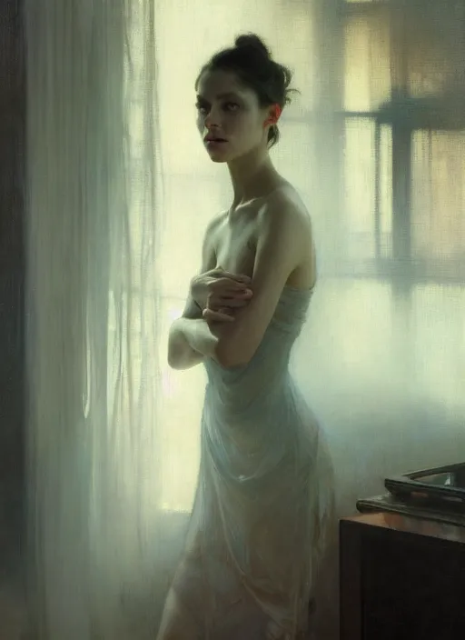 Image similar to a portrait of beautiful woman, inside a modern apartment, detailed oil painting, misty, ethereal, soft lighting, 8 k, by jeremy mann and ruan jia and alphonse mucha