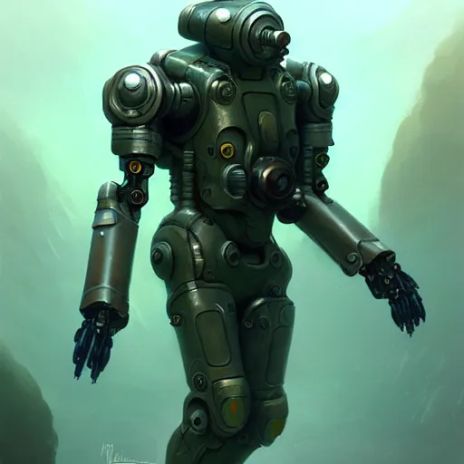 Prompt: mech suit swimming in the water, diffuse lighting, fantasy, highly detailed, photorealistic, digital painting, artstation, illustration, concept art, smooth, sharp focus, in the style of tom bagshaw