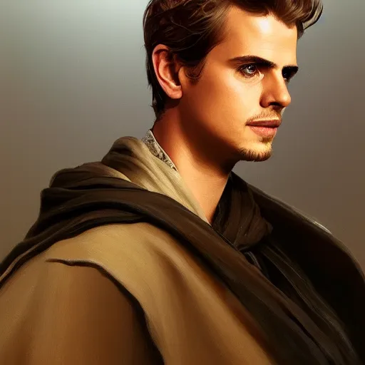 Prompt: portrait of Hayden Christensen as Anakin Skywalker highly detailed, digital painting, artstation, smooth, sharp focus, illustration, art by artgerm and greg rutkowski and alphonse mucha