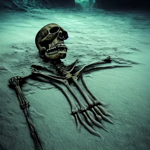 Image similar to a mysterious terrifying detailed skeleton buried in sand at the bottom of the deep ocean, dark tones, horror art, apocalyptic, volumetric light