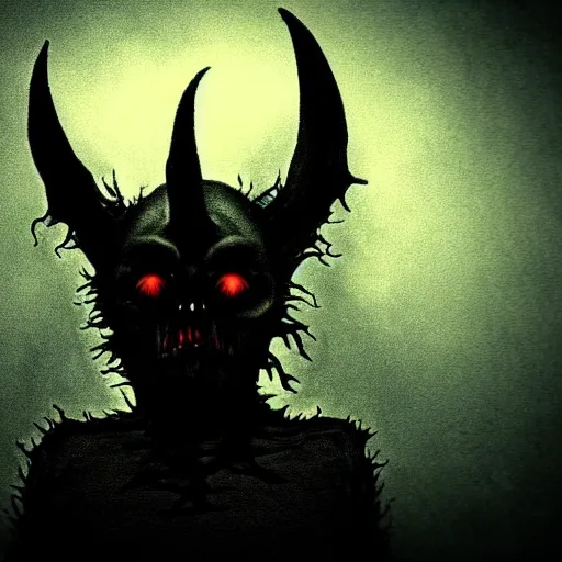 Prompt: creepy dark, devilish creature, bizzare background, eerie feel, dark web, dark colors