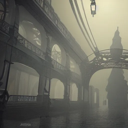 Prompt: paper architecture, art nouveau, bulshevik, night, rainy, fog, cinematic lighting, 8k, ultra detailed, assassins creed, elegant, elevated, poetic, ominous