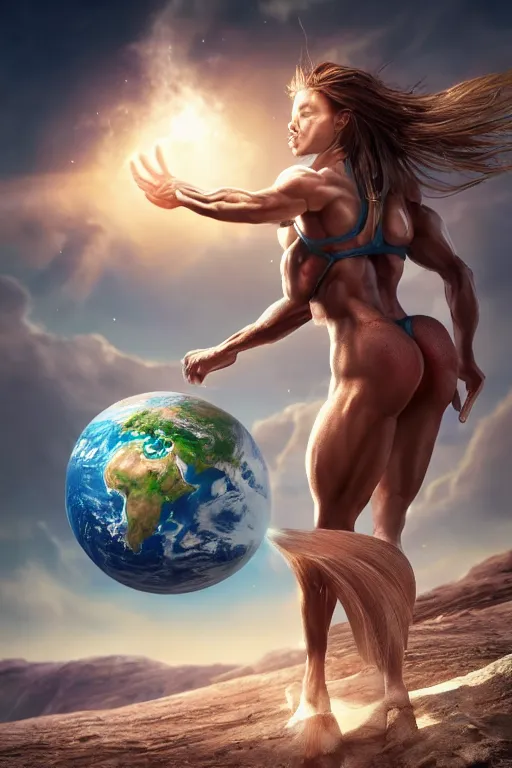Image similar to a beautiful muscular woman carrying a giant planet Earth on her back, long hair, beautiful, hyperrealistic, concept art, octane render, unreal engine 5, trending on Artstation, high quality, 8K, soft lighting, trending on DeviantArt, highly detailed, high quality, digital art, anatomically correct, five fingers, desert in the background, path traced, complementary colors, natural lighting, epic image