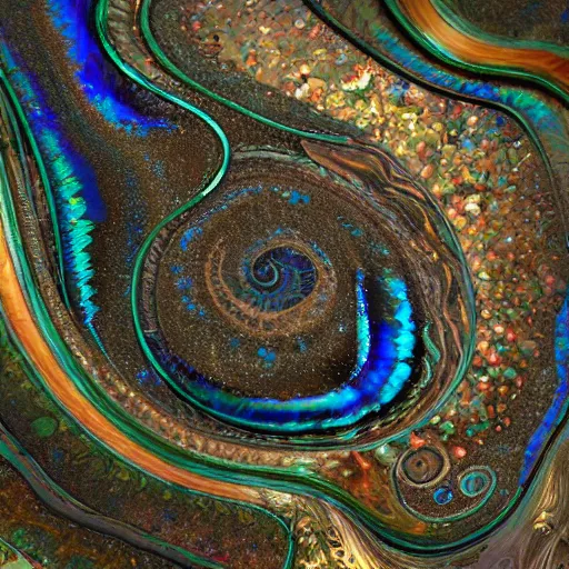 Image similar to Art Nouveau cresting oil slick waves, hyperdetailed bubbles in a shiny iridescent oil slick wave, ammolite, geode, detailed giant opalized ammonite shell, black opal, abalone, paua shell, ornate copper patina medieval ornament, rococo, organic rippling spirals, octane render, 8k 3D, druzy geode, cresting waves and seafoam