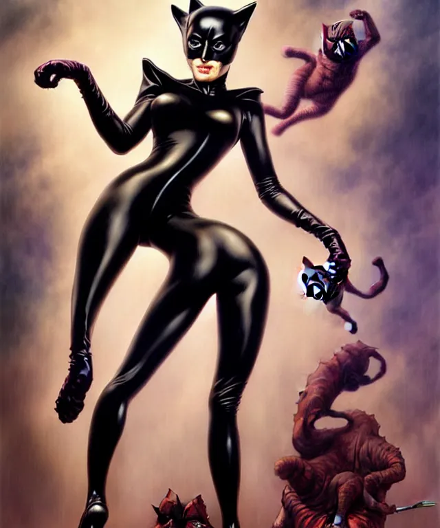 Image similar to cat woman from batman in the style of hajime sorayama, peter mohrbacher, wayne barlowe, gustav moreau, bussiere, roberto ferri, santiago caruso, luis ricardo falero, austin osman spare, boris vallejo, dali
