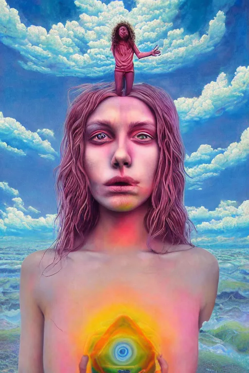 Prompt: acid tripping midsommer girl third eye open, chakra energy waves resonating from her body, ethereal aura, epic surrealism 8k oil painting, portrait, perspective, high definition, post modernist layering, by Sean Yoro, Casey Weldon