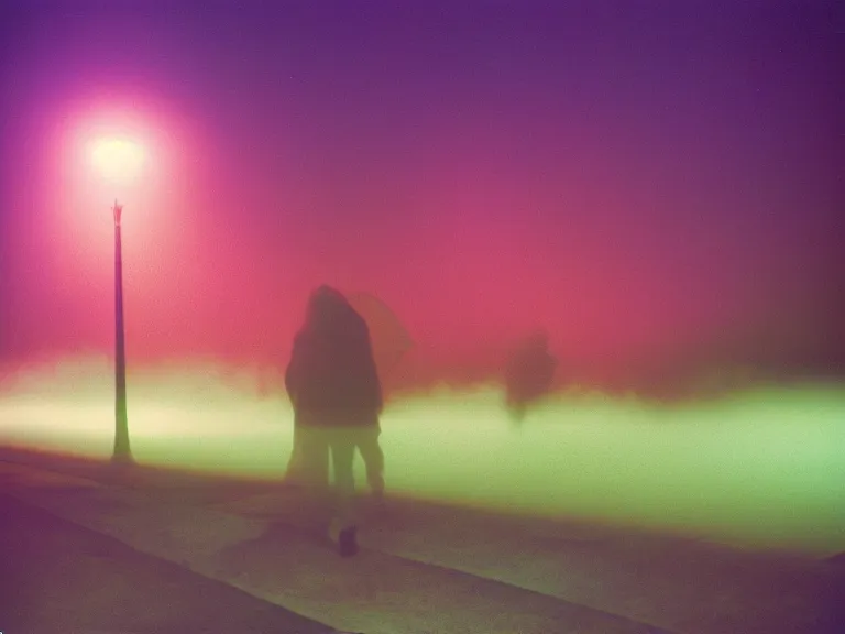 Prompt: fujifilm velvia 1 0 0 film photograph of vagrant at night volumetric fog