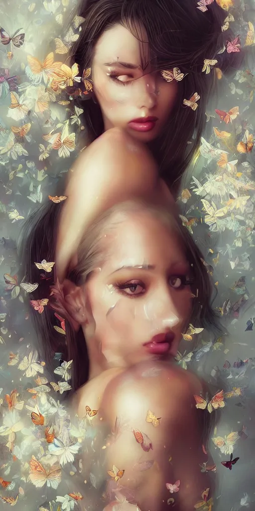 Prompt: beautiful, young woman, wrapped up in each other's hair, extremely detailed gorgeous face, sad eyes, long luxurious gown, tears, vaporwave aesthetic, synthwave, photo-realistic face, digital, flowers, butterflies, birds, painting, artstation, concept art, smooth, sharp focus, illustration, art by artgerm and greg rutkowski and alphonse mucha