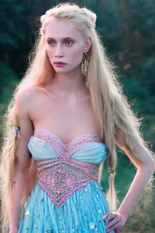 Image similar to a princess with long blonde hair and light blue eyes wearing a strapless elaborately beaded pink dress standing next to a green popup camping tent, high resolution film still, 8k, HDR color, film by Simon Langton and David Frankel, triangular face, very light freckles, round narrow chin, straight jawline, natural lips, high cheekbones, beautiful gazing eyes, green outdoor camping tent