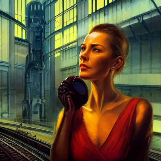 Image similar to detailed face of a woman, clockwork, moment, tectonic sky, skydome, bullet train, turbines, utopian, tech noir, wet reflections, prism, atmospheric, ambient, pj crook, syd mead, livia prima, greg rutkowski, nick alm, casey baugh