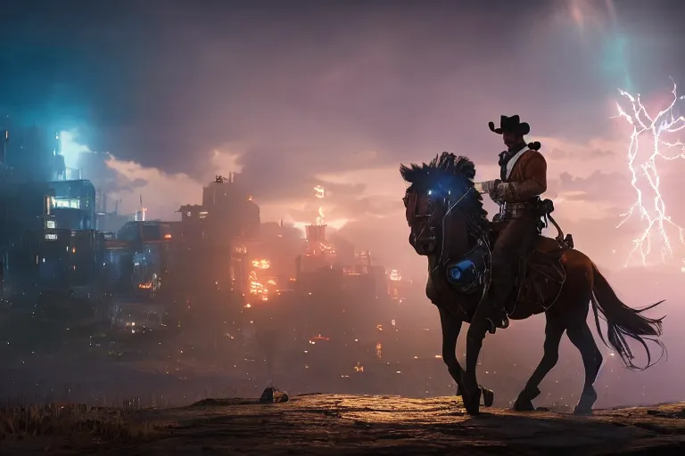 Image similar to photo from shoulder of a led cowboy, riding a led steampunk horse, carrying a big gun, on a futuristic city, cinematic lightning, ray tracing, unreal engine 5, photorealistic, 8 k, uhd, 4 k, red dead redemption 2 game concept, extremely detailed, beautiful, elegant, intricate, foggy, in - game footage