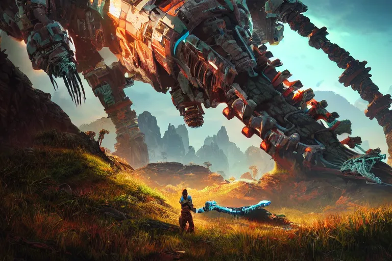 Image similar to tremortusk machine mecanical creature robot of horizon forbidden west horizon zero dawn bioluminiscence global illumination ray tracing hdr fanart arstation by ian pesty and alena aenami artworks in 4 k