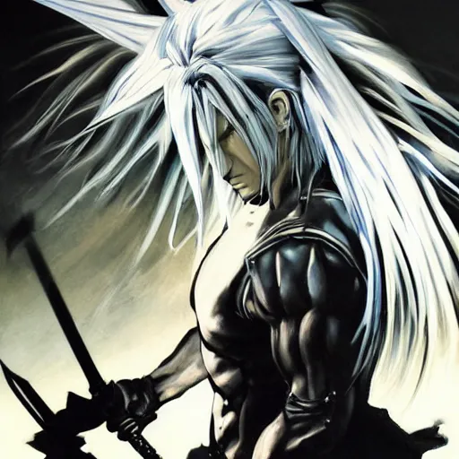 Image similar to a painting of sephiroth by yoji shinkawa, metal gear solid artwork, strong lines and bold colors, limited color palette, atmosphere and tension, japanese, trending on artstation