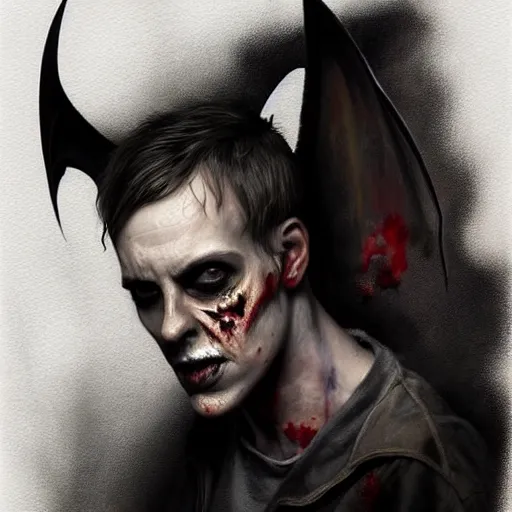 Image similar to color head portrait of young peter murphy as a zombie bat with huge black bat wings in the background, 7 days to die zombie, gritty background, fine art, award winning, intricate, elegant, sharp focus, cinematic lighting, digital painting, 8 k concept art, art by michael hussar, art by brom, art by guweiz and z. w. gu, 8 k