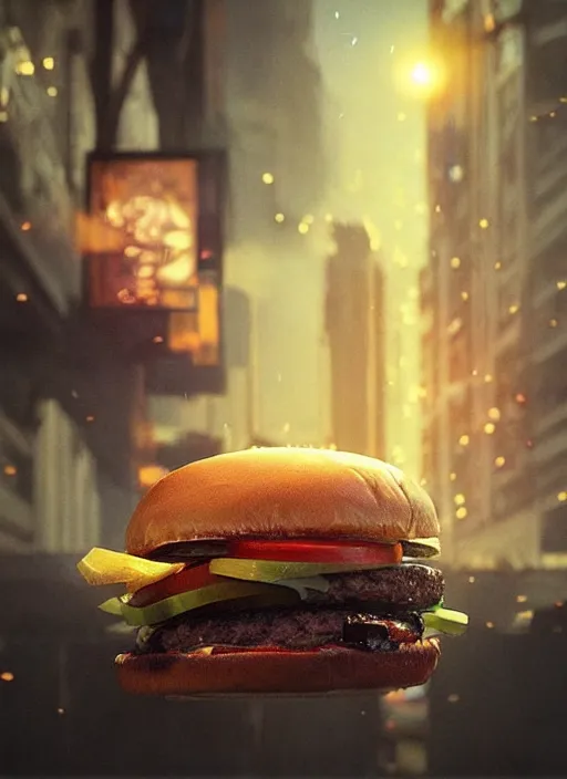 Image similar to “burger gone wild, mega detailed, volumetric lighting, beautiful, golden hour, sharp focus, ultra detailed, cgsociety by Leesha Hannigan, Ross Tran, Thierry Doizon, Kai Carpenter, Ignacio Fernández Ríos, noir photorealism, film”