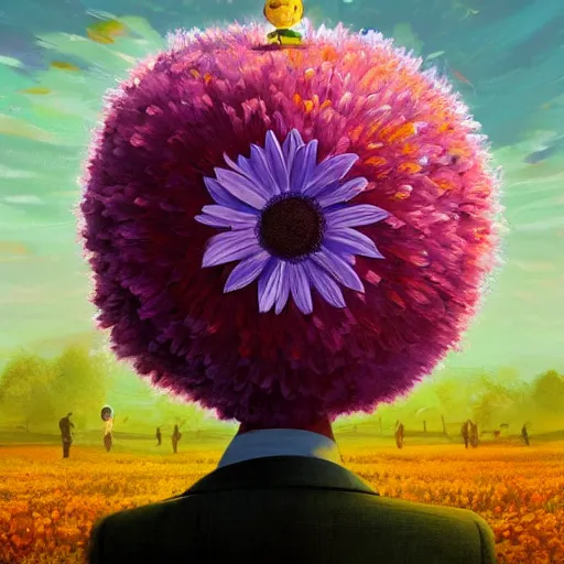 Prompt: giant daisy flower under head, frontal, girl in a suit, surreal photography, sunrise, dramatic light, impressionist painting, digital painting, artstation, simon stalenhag