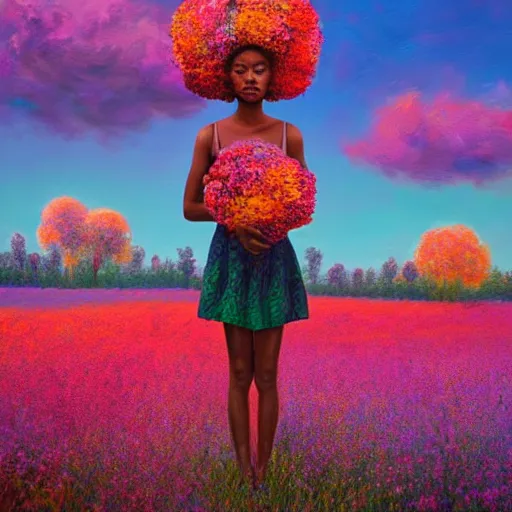 Image similar to afro made of colorful flowers, full body, girl standing in the middle of a field with flowers, surreal photography, hills, big trees, sunrise dramatic light, impressionist painting, colorful clouds, digital painting, pointillism, artstation, simon stalenhag