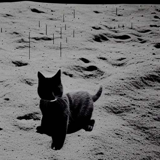 Prompt: black and white photo of a cat on the moon