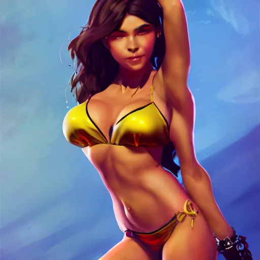 Image similar to very beautiful female latin warrior in a bikini, happy appearance, ioyful vibe and lighting, cgsociety, artstation, in the style of artgerm