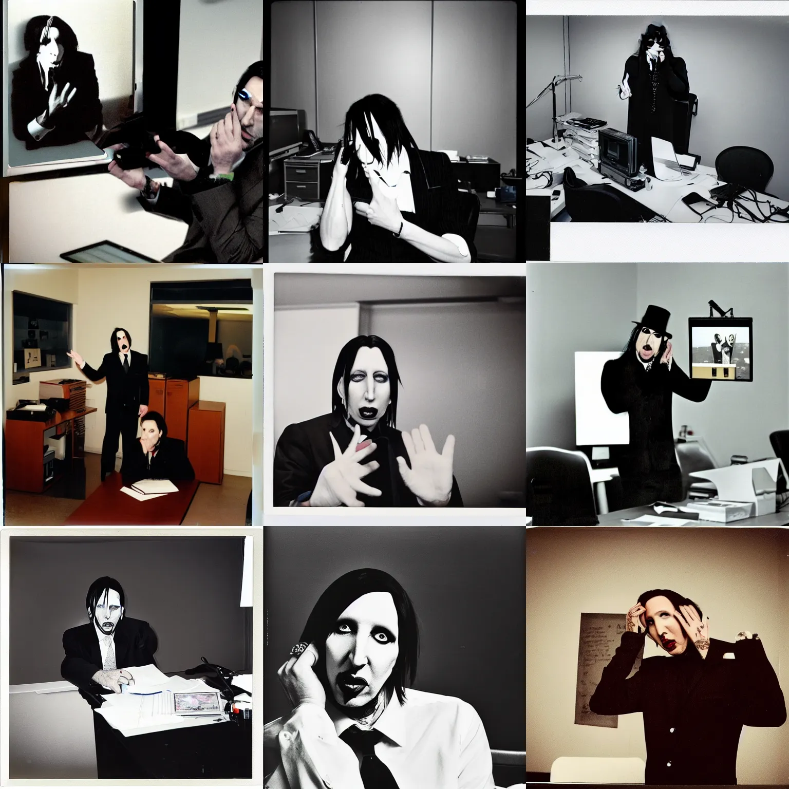 Prompt: Marilyn Manson, in an office giving a boring powerpoint presentation, polaroid photograph, 4k