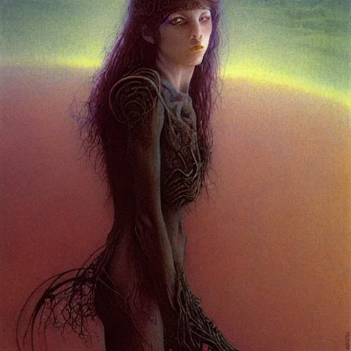 Image similar to cute young vampire tomboy girl with short short short dark hairs on lovecraftian planet by jean delville by luis royo and wayne barlowe, beksinski