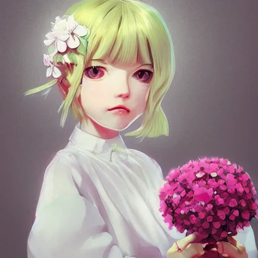 Prompt: little girl with flowers in hair wearing an white dress, art by ilya kuvshinov, profile picture, inspired in hirohiko araki, realistic, highly detailed