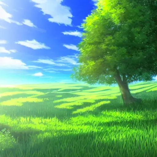 Image similar to green meadow, in anime style, beautiful green, nature, 4 k,