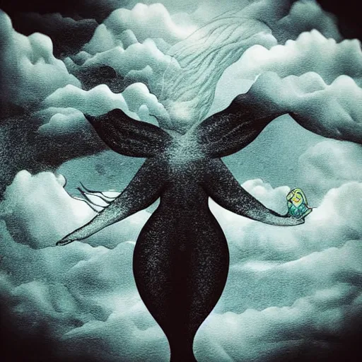 Image similar to “giant mermaid swimming through the clouds”