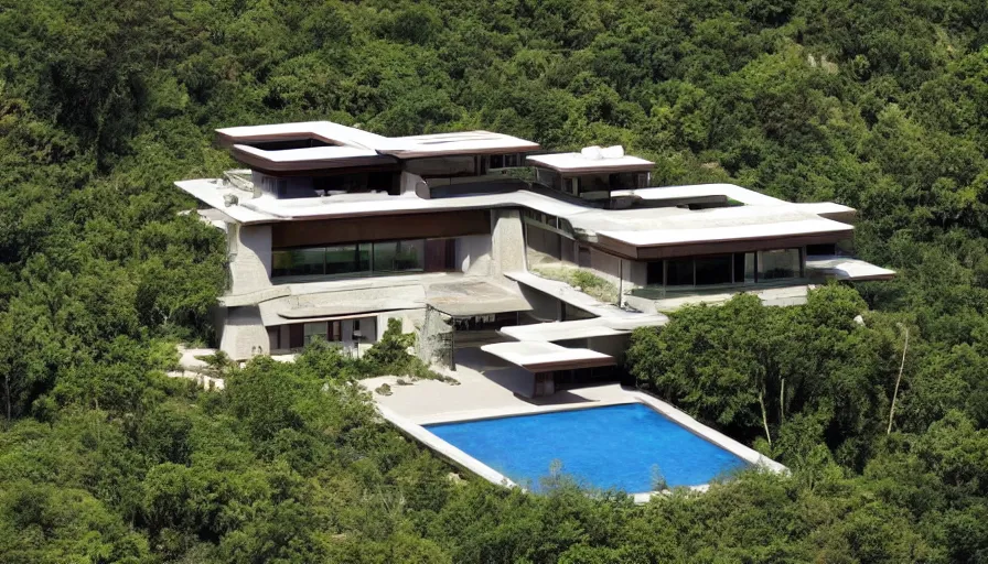 Image similar to villa inspired by tibetan architecture, on a green hill, overlooking a valley with trees, frank lloyd wright, zaha hadid, le corbeusier, photorealistic, birds eye view