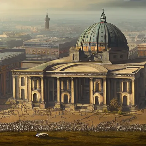 Image similar to panoramic view of giant giant monumentsl 1 km height volkshalle building, berlin 1 9 4 5, matte painting by greg rutkowski, artstation