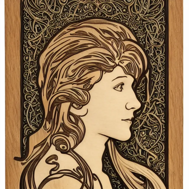 Image similar to a bas - relief wooden art nouveau sculpture of a young molly ringwald with long hair blowing in the wind, in front of a delicate tracery pattern, intricate and highly detailed, well - lit, ornate, realistic, by alphonse mucha