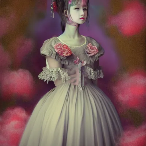 Image similar to 8 k, octane render, realism, tonalism, renaissance, rococo, baroque, cotton candy, portrait of a creepy young lady wearing long - harajuku manga - dress with flowers! and skulls